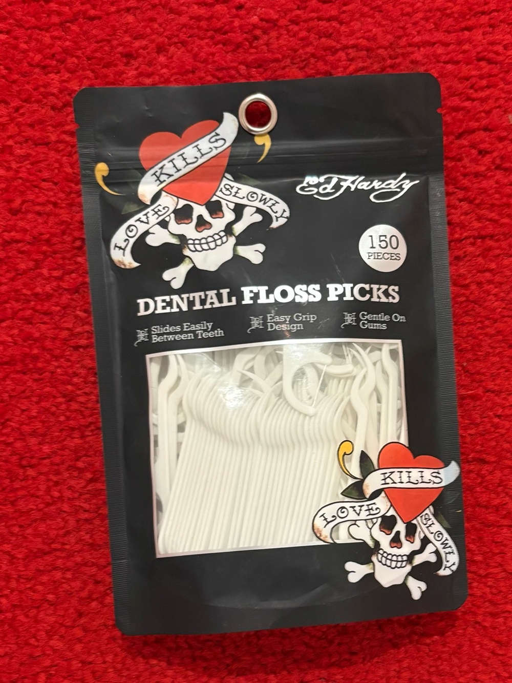 Ed Hardy Black Pouch with White Dental Floss Picks